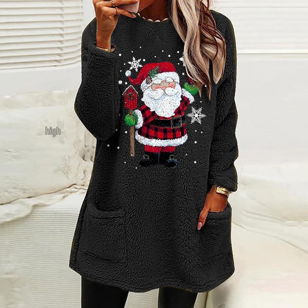 Cross-border Women's Christmas Grandpa Print Plush Hoodie with Pockets