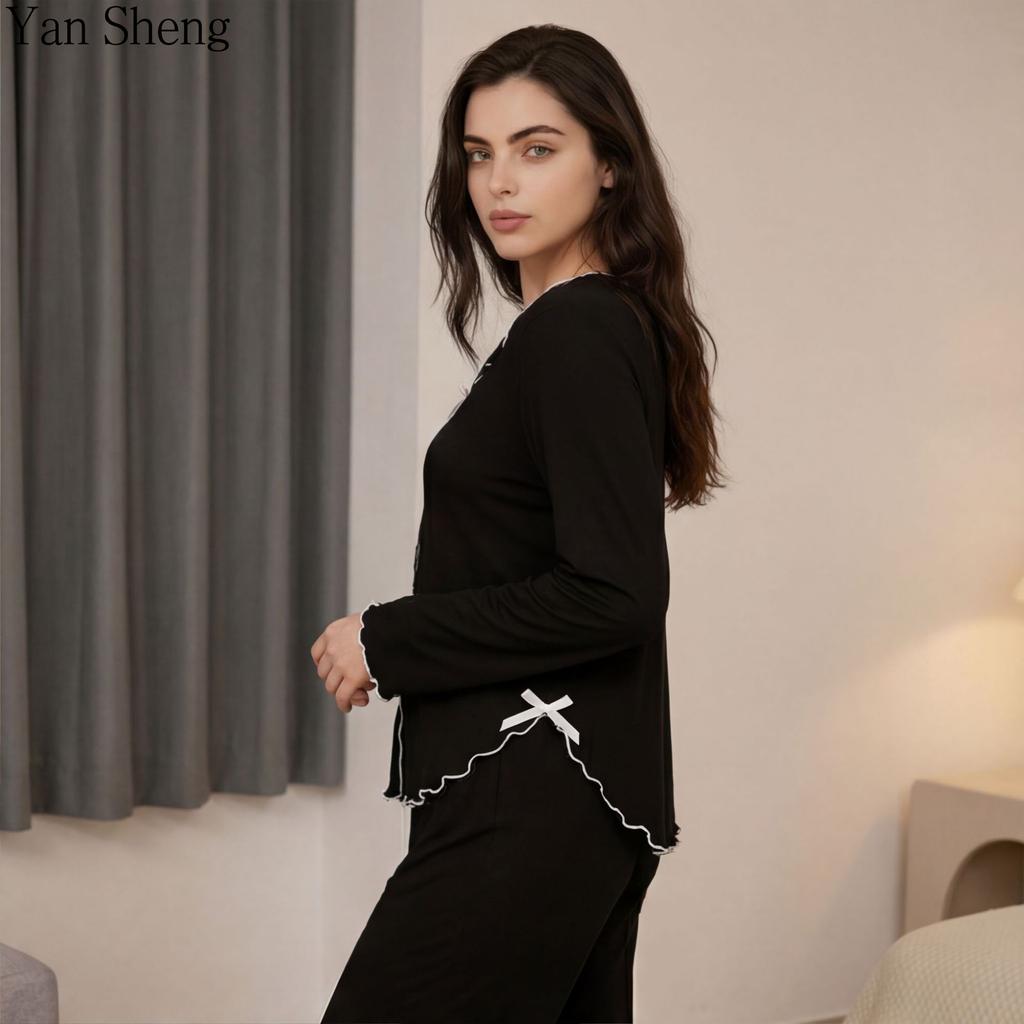 Long Sleeve Pajamas Set Women's Lapel Solid Color Home Clothes Knitted Cardigan Two-Piece Set