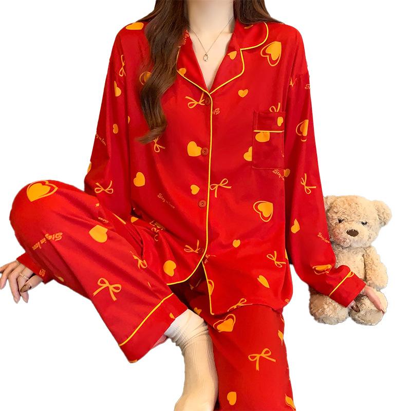 Imitation Cotton Spring Versatile Red Sweet Love Pajamas Women'S Newlyweds Birth Year Comfortable Home Long-Sleeved Set