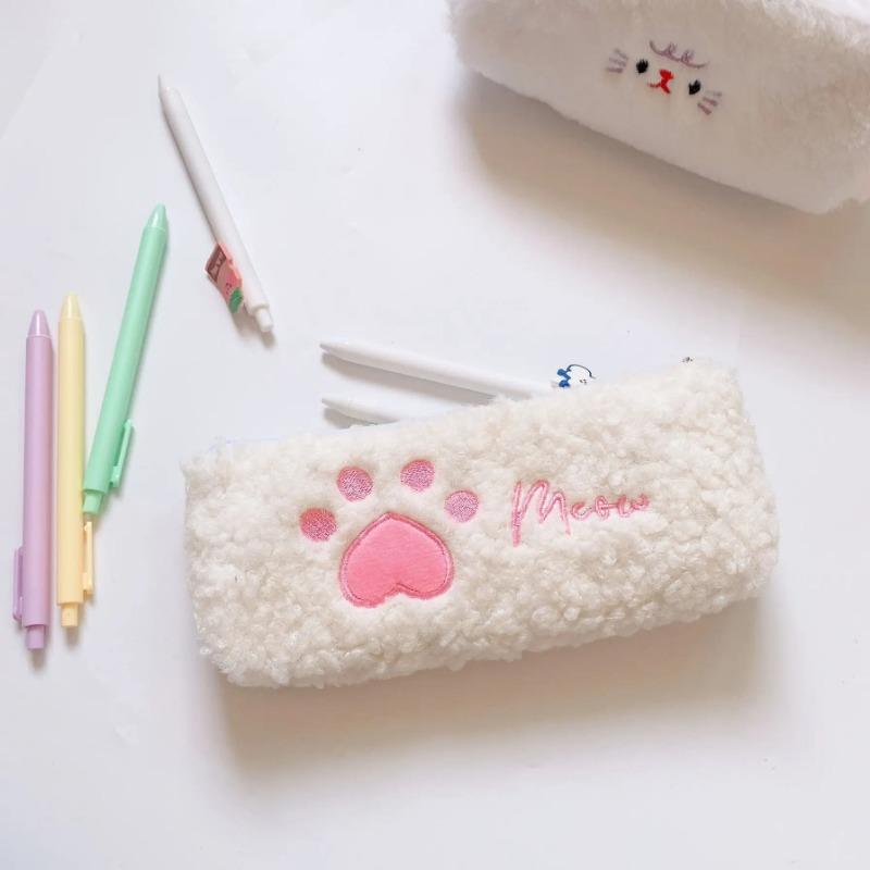 

1PCS Hairy Cute Kawaii Cat Paw Plush Pencil Bag Case Girl Supplies Simple Student Stationery Pen Case Storage Bag Gifts for Kids білий