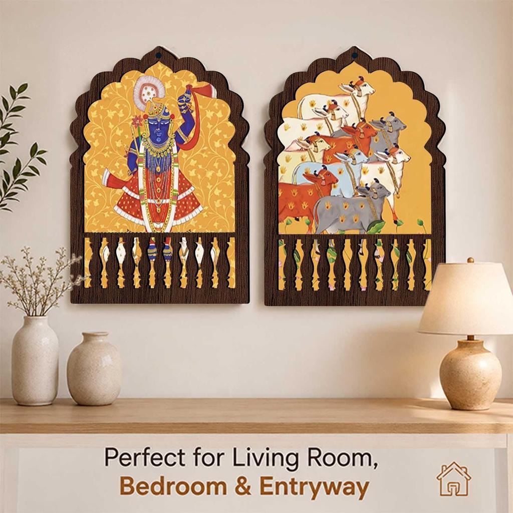harokha Wall Decor Set of 2 | Traditional Indian Jharokha with Lord Krishna & Sacred Cow Artwork | Rajasthani Ethnic Decorative Wall Hanging