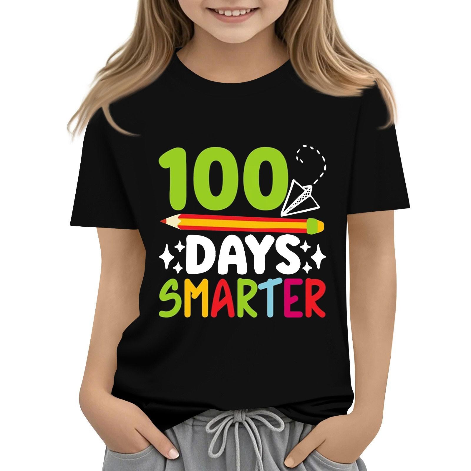 

С 100-м Днем Школы Футболки с коротким рукавом для девочек и мальчиков Детские топы Футболки с круглым вырезом 130 чёрный