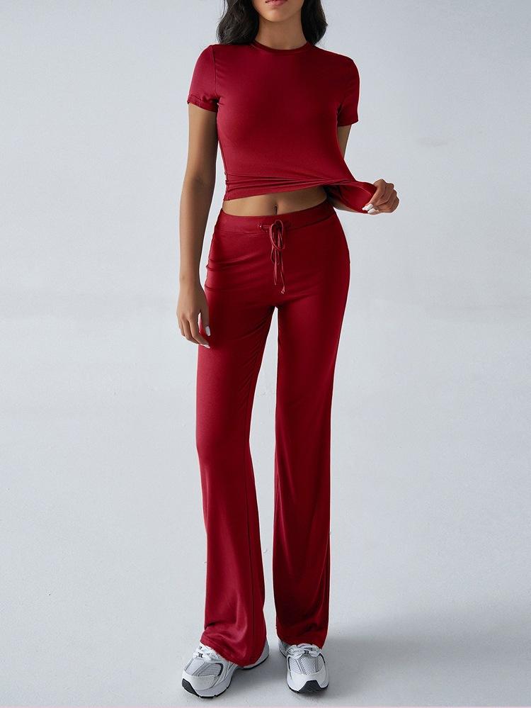 Women's Slim Fit Two-piece Matching Outfit Short Sleeve Crew Neck Crop Top Drawstring High Waist Flare Pants Tracksuit