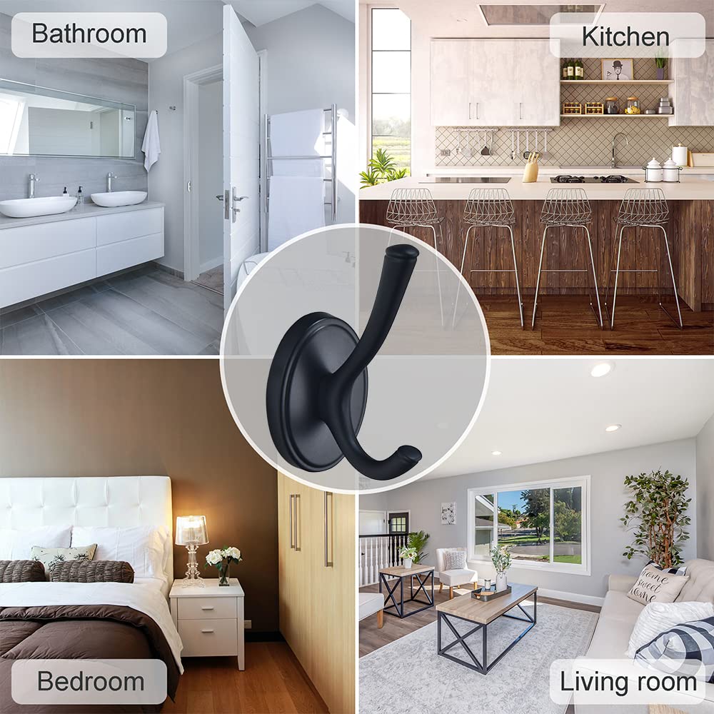 Black Coat Hooks 4-Pack Modern Metal Double Robe Hooks for Bathroom Bedroom Kitchen Hotel Garage - Wall-Mounted Towel Hooks with Space Aluminum Black