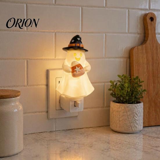 Decorative Wall Light Halloween Pumpkin Ghost Night with Witch Hat, Resin Soft Glow Unique Decor Plug-in LED Bedroom Light, Spooky Sconce for