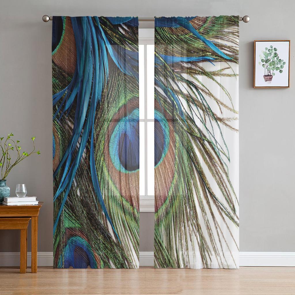 Peacock Feathers Green Curtain Window Tulle For Living Room Bedroom Kitchen Chiffon Sheer Window Treatment Decorations