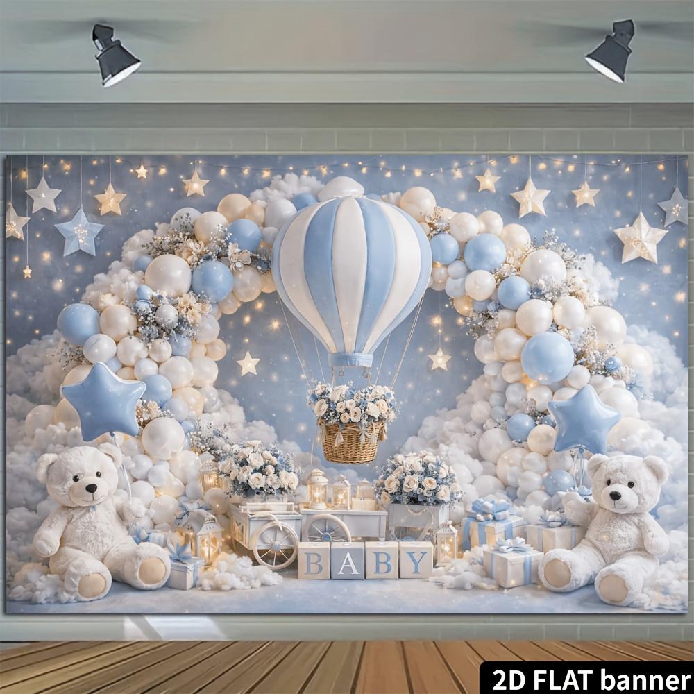 2D flat blue and white balloon arched bear background sky scene design with hot air balloons gift cars letters and lanterns