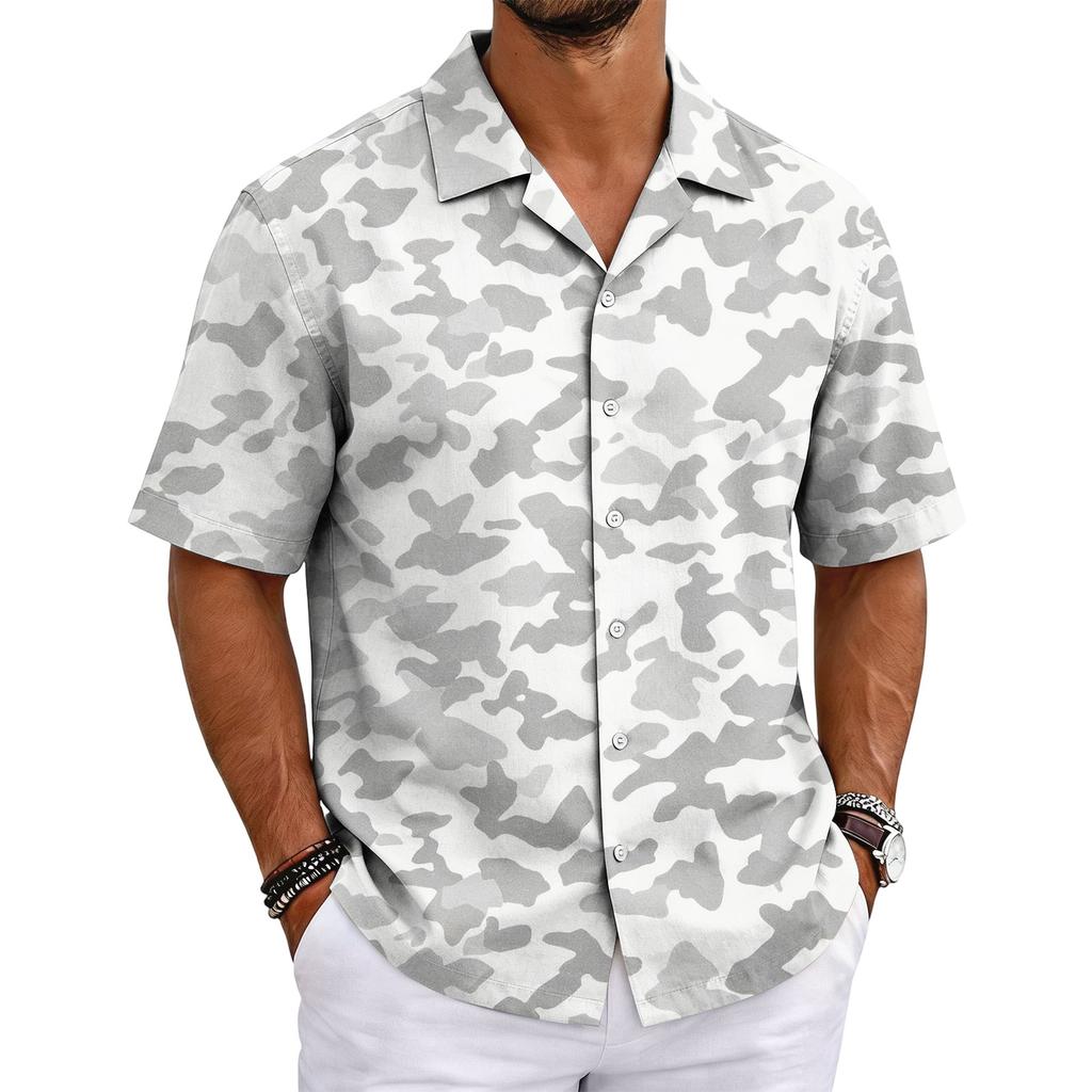 Men's Camouflage Short Sleeve Cuban Collar Shirt Lightweight Breathable Casual Button Down Shirt Summer Beachwear