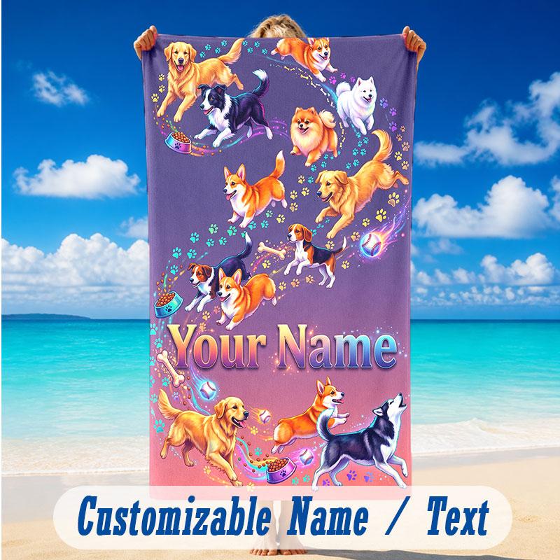 Dog Theme Beach Towel Personalized Custom Name & Text Soft Quick Dry Beach Towel for Swimming Travel