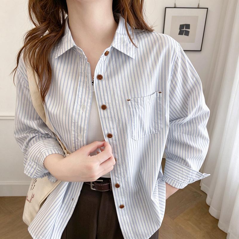 Autumn Women Striped Shirts Long Sleeve Pocket Embroidery Turn-Down Collar Office Lady Tops Loose Female Clothes