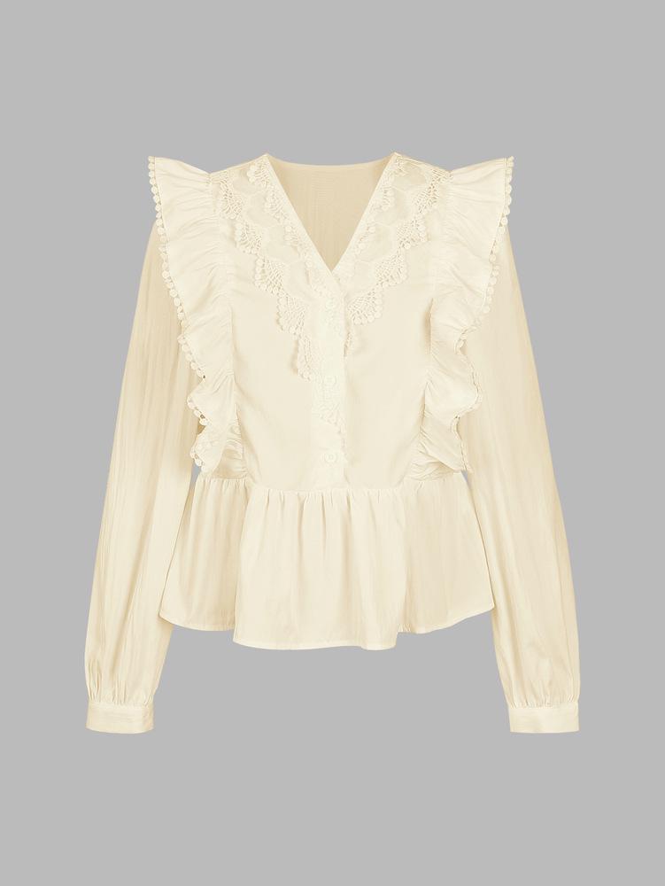 2026 Autumn Women's Casual Lace Patchwork Ruffle Long Sleeve Top