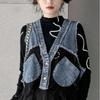 Gilet di jeans da donna estivo ampio con scollo a V e cuciture in rete, orlo vivo corto senza maniche