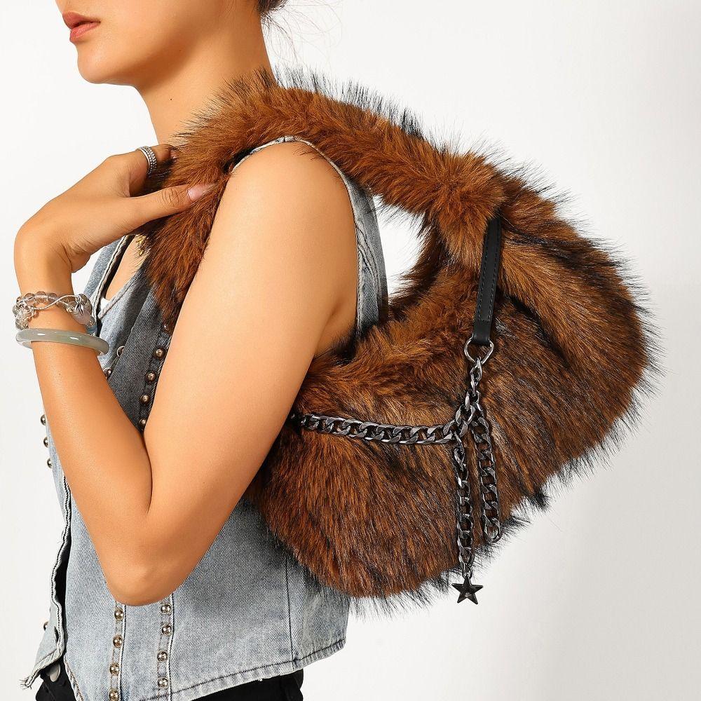 Portable Faux Fur Shoulder Bags Y2k Fluffy Tote Bag Portable Fluffy Hobo Bags Dating