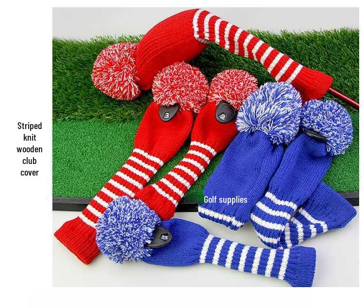 Striped Golf Club Headcovers - Set of 3 Knit Protective Covers for Woods (1/3/5) with Pom Pom Design.