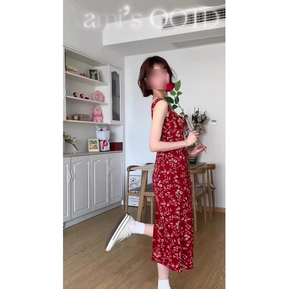 French red floral suspender dress children's summer design sense new seaside vacation beach dress