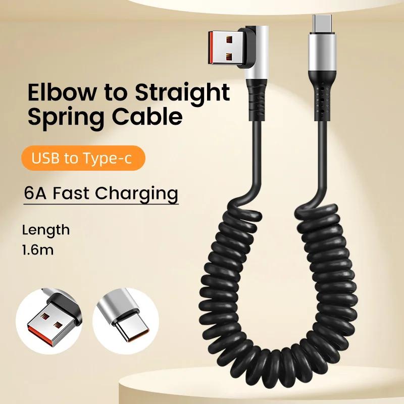 90 Elbow Spring Retractable 0.35-1.6M 6A Fast Charging USB C Cable USB-C to USB-C PD 3.0 for iPhone 15 Pro/Android/Samsung