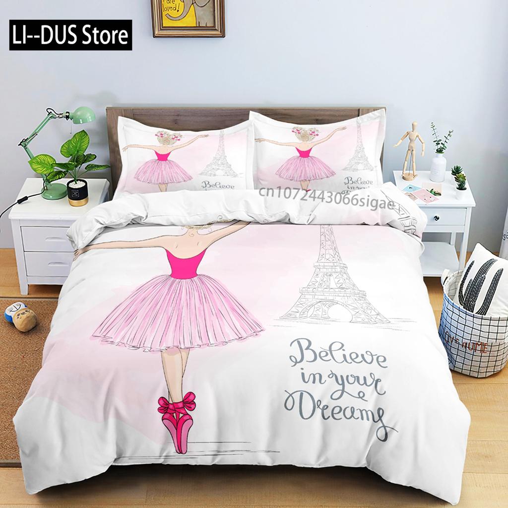 Cartoon Ballerina Duvet Cover Bedding Set For Girls Kid Cute Ballet Princess Dancer Quilt Cover Birthday Gift Bedroom Decoration