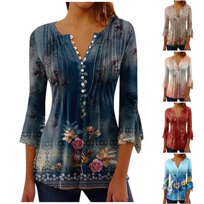 Button-Down-Hemden für Damen, bedruckte Tunika, Sommer-Oberteile, elegante, lässige Glocke, 3/4-Ärmel, V-Ausschnitt, Frühlingsblusen