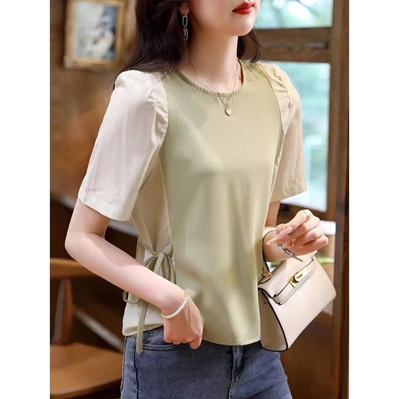 Women's Color Block Puff Sleeve Blouse, Crew Neck Casual T-Shirt With Waist Drawstring