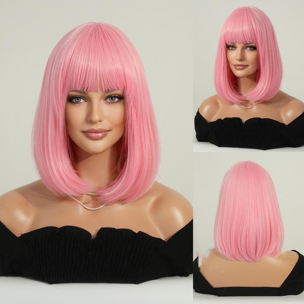 Women's Simulation Wig 36cm Hair Short Straight Wig Full Headgear Rose Hair Net Headdress Beauty Decoration Wig