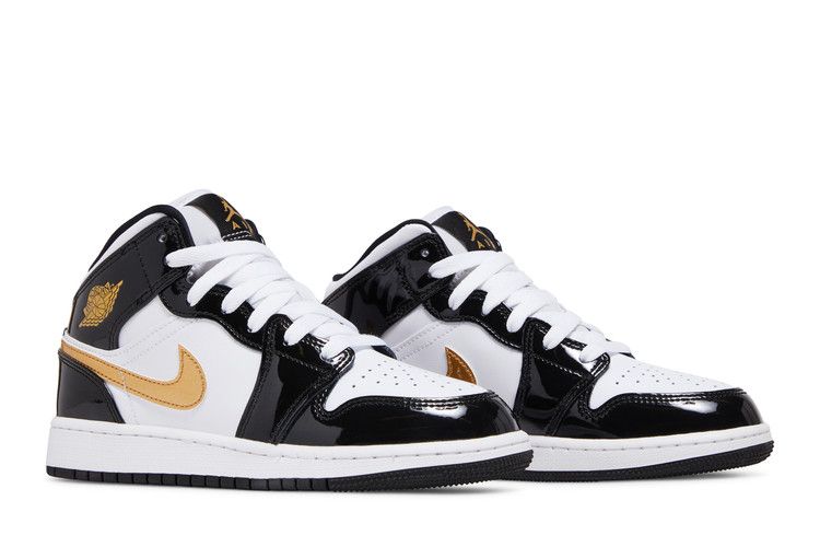 Jordan 1 Mid Patent Black White Gold (GS)