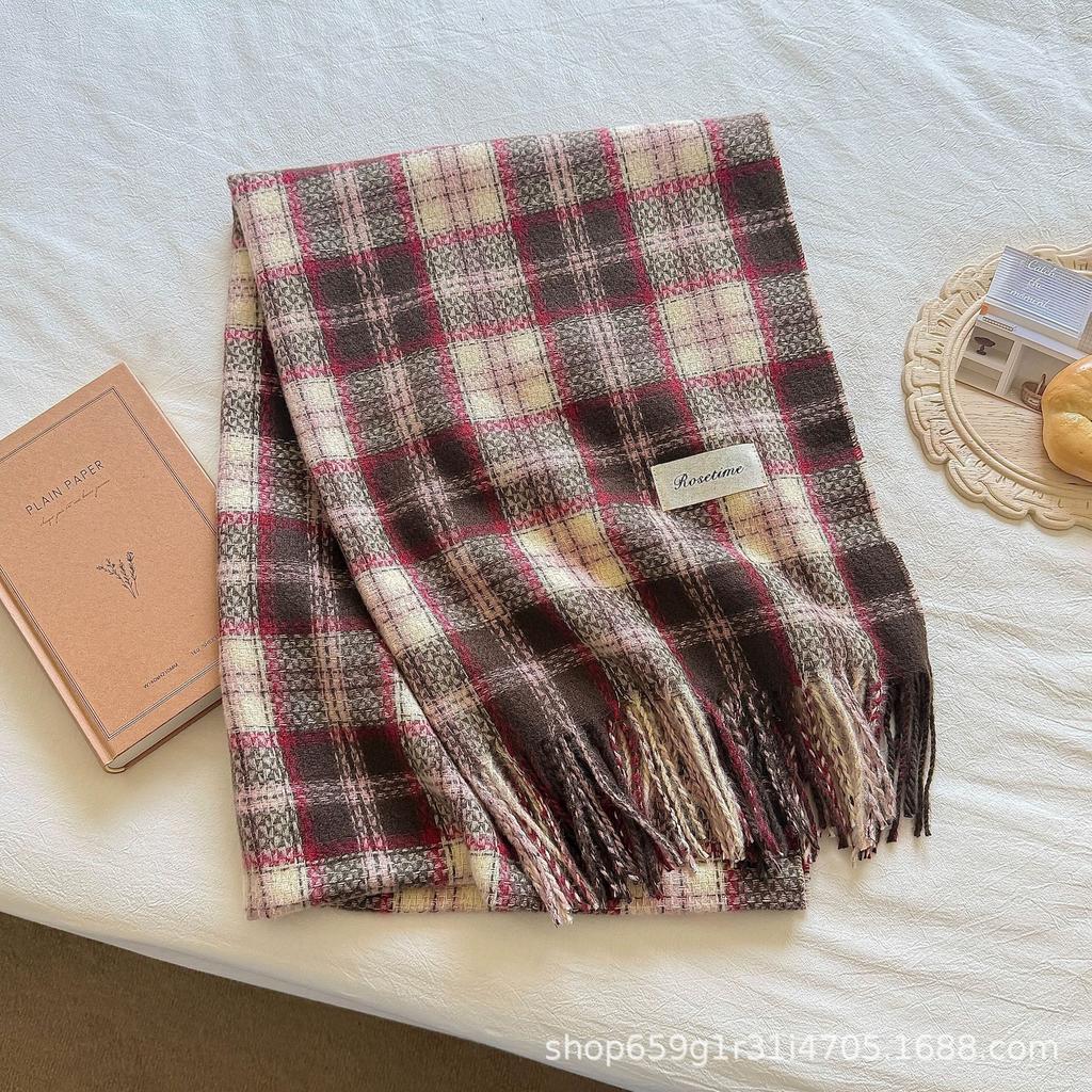 Scarf women's new Korean pink plaid tassel thickened warm college atmosphere shawl scarf