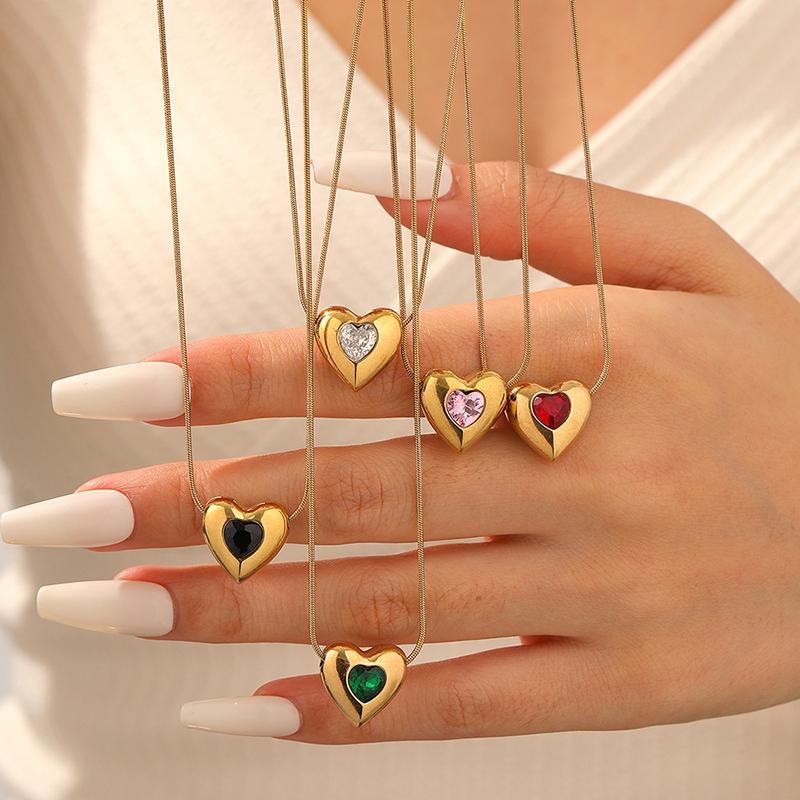 Edelstahl Farbiger Zirkon Inlay Herz Liebe Anhänger Halskette Damen Neue Mode Seilkette Schmuck Glamourös