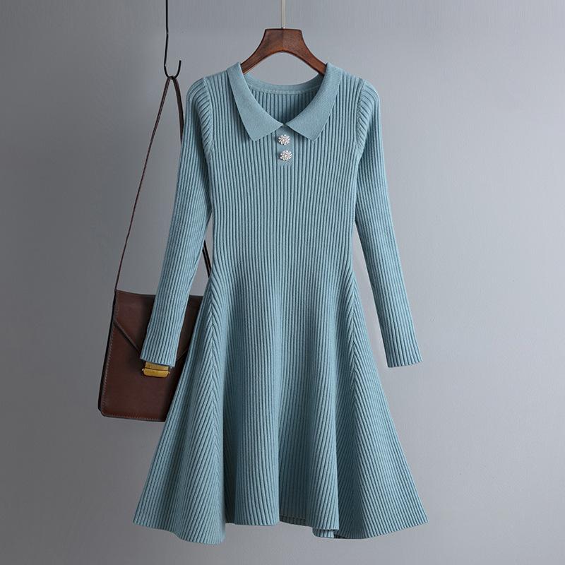 Women's Autumn And Winter Knitted Solid Color Collar A-Line Dress Fashionable And Versatile Base Dress