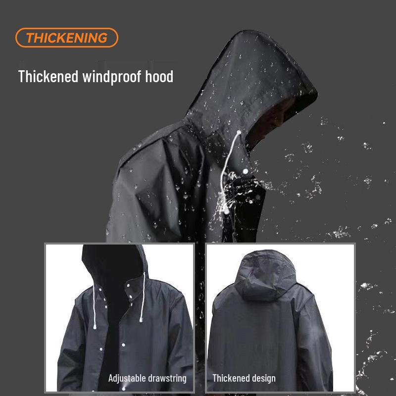 Black Adult Trench Coat-Style Windproof Hooded Rain Poncho, Extra Long & Thick, In Stock