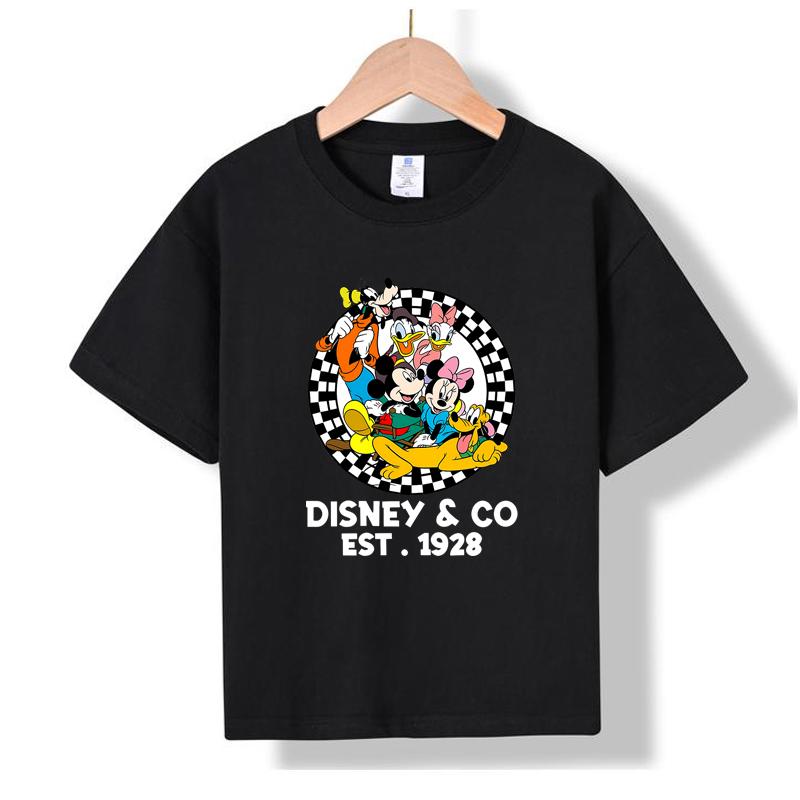 MC-93 MINISO 2026 Лето Детская футболка 100% хлопок Disney & Co Микки и друзья Клетчатый Мультяшный принт Короткий рукав Повседневная футболка 100
