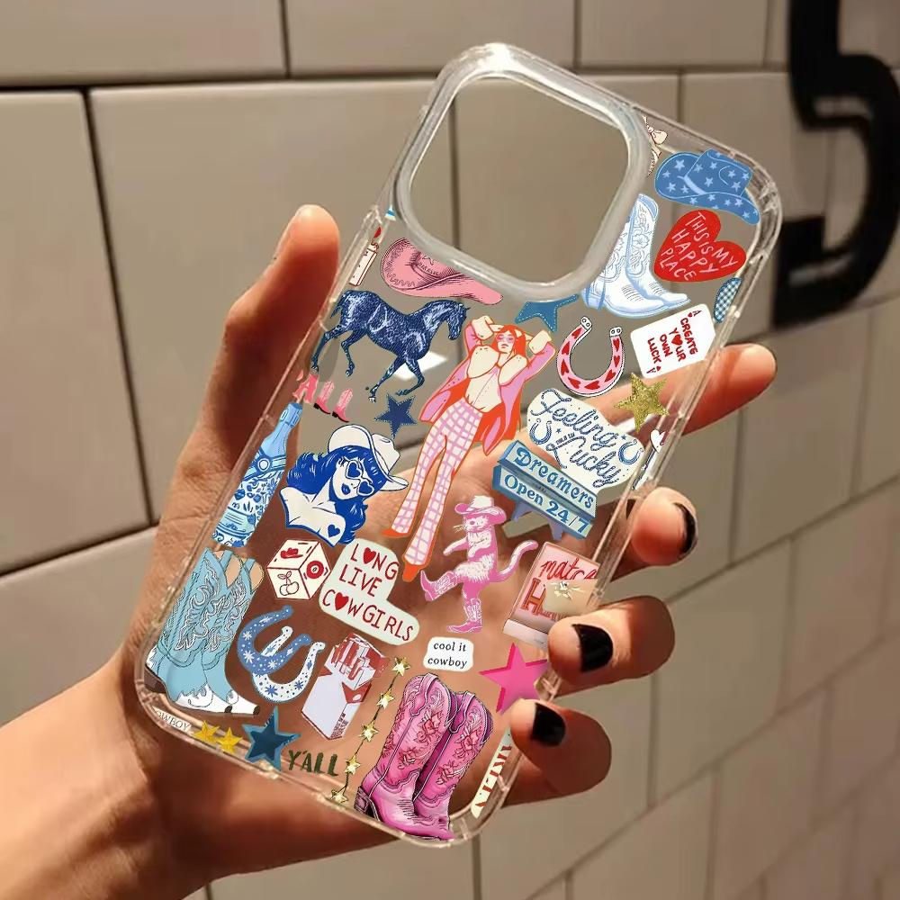 Cowgirl Und Western Sticker Collage Klare Handyhülle Für iPhone 11 12 13 14 15 16 17 Pro Max Plus XS X XR Silikon Weiche Hülle
