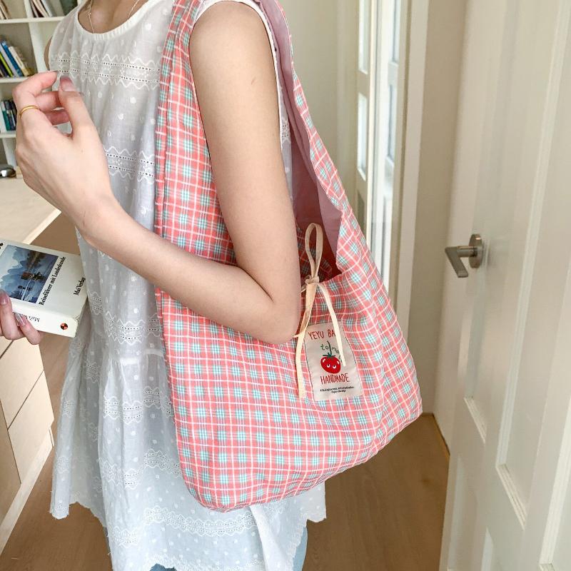Plaid Shoulder Tote Bag With Cute Bow Decor Large Capacity For Daily Shopping School Commute