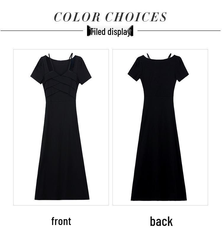 Elegant Black French Halter Neck A-line Dress – Women's Summer Waist-Cinching Long Short-Sleeved Dress