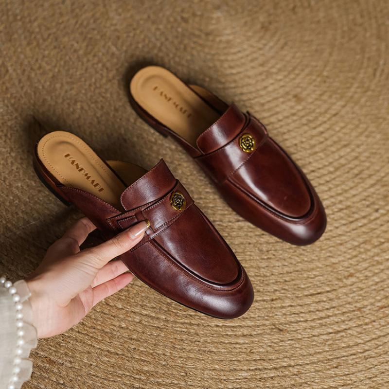 Summer Camellia Slippers Women's New Bag Head Slippers French Retro One-pedal Lazy Shoes Soft Sole Versatile Low Heel