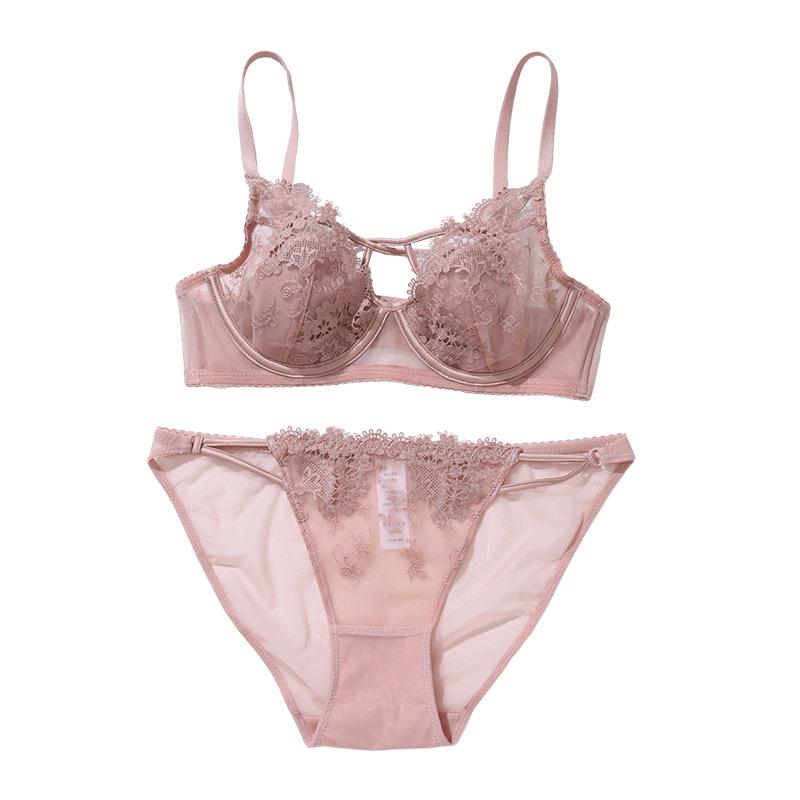 French Embroidered Sexy Lace Bunny Ears Underwear Set Breathable Large Breasts Small Gathered Bra for Women