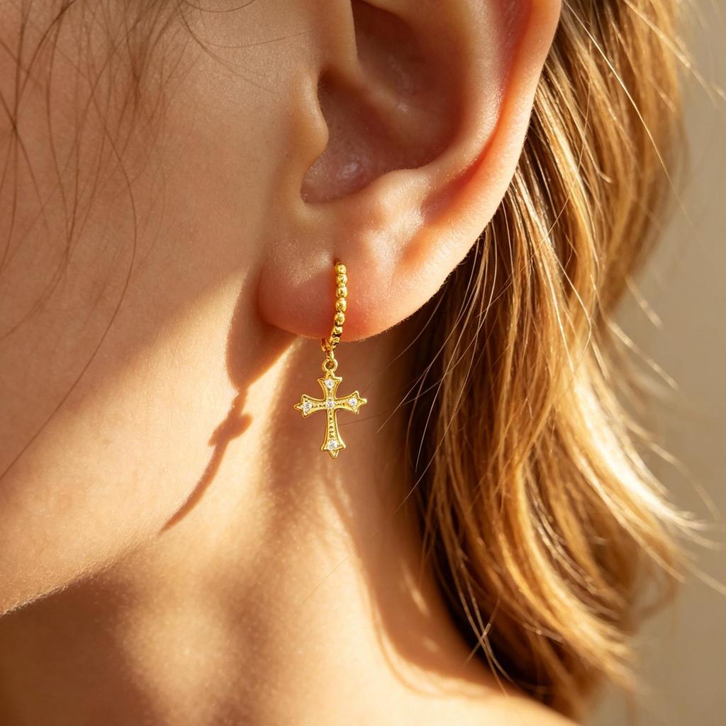 S925 Sterling Silver Zircon Cross Earrings with Round Bead Hoops - High-End European and American Style for Women