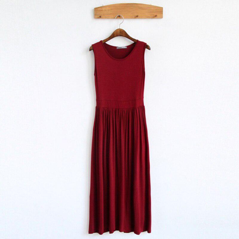 Women's Solid Color Long Pleated Dresses Tank Summer Elegant Casual Modal Dresses
