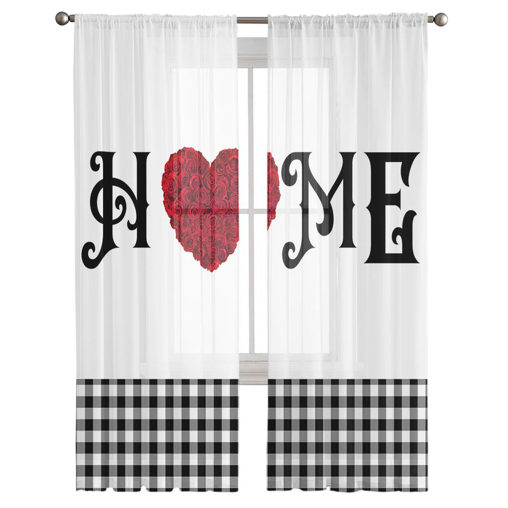 Valentine 'S Day Rose Heart Plaid Tulle Curtains For Living Room Kitchen Sheer Voile Curtain Bedroom Window Panels