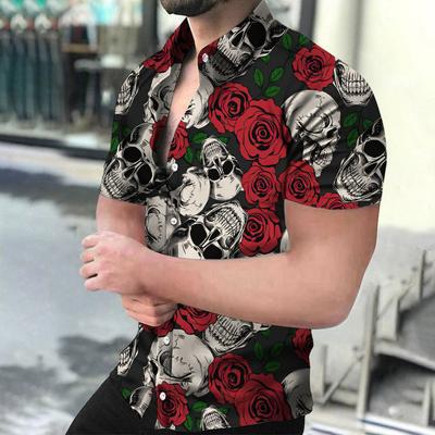 Hawaiian Horror Skull Men's Shirt Floral 3D Print Lapel Single Button Fashion Casual Beach Top Passionate And Spicy
