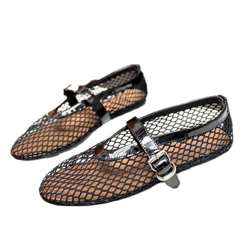 Fashion New Designer Fishnet Flat Shoes Woman Mary Janes Cutout Summer Flats Women Ankle Belt Air-mesh Mocasines Zapatos De Mujer 2025