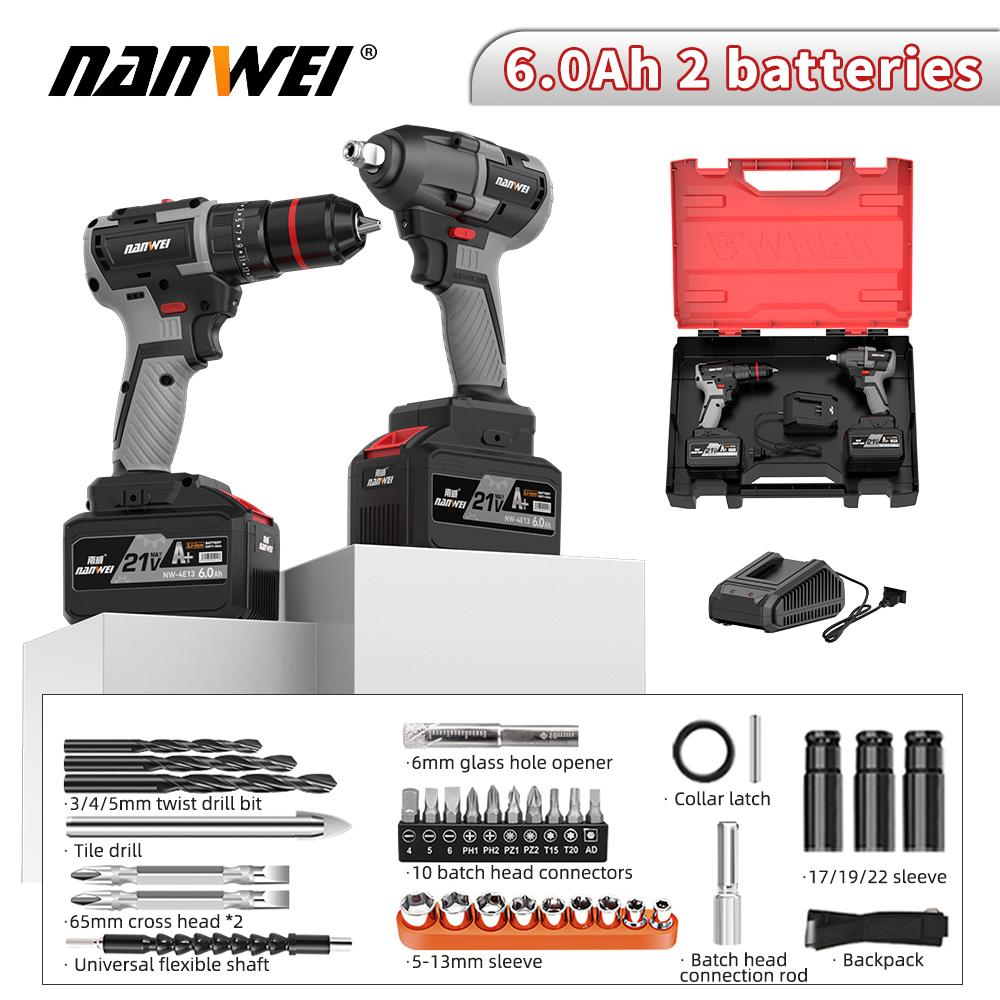 NANWEI 2 Piece 21V Brushless Motor Electric Wrench + Drill Tool Set
