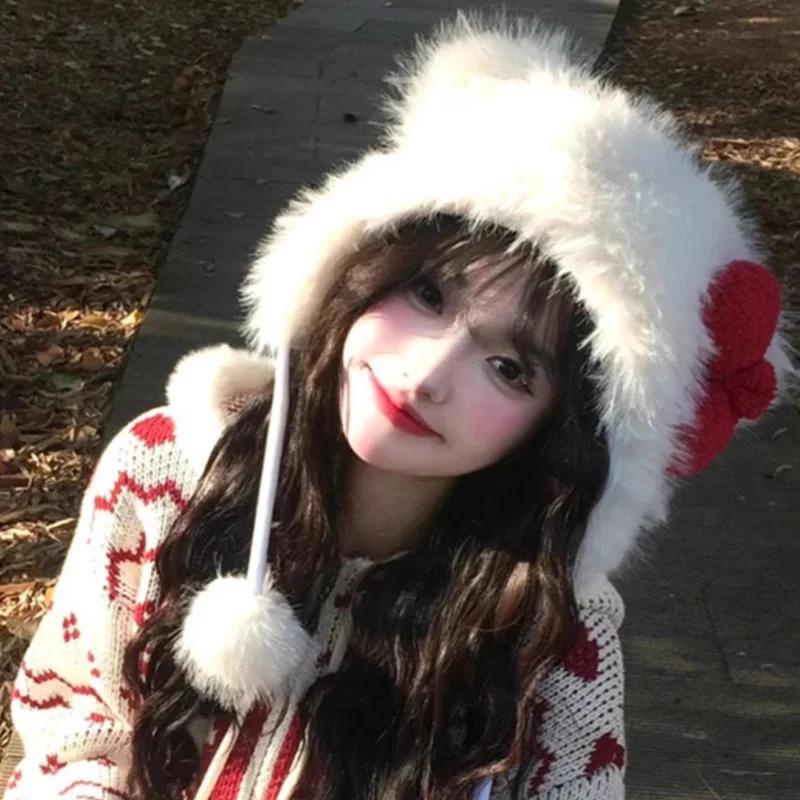 Winter White Plush Caps Red Bow Cute Cat Ear Women Warm Protection Ear WindProof Hat Soft Fashion Accessories Girls Fluffy Hats