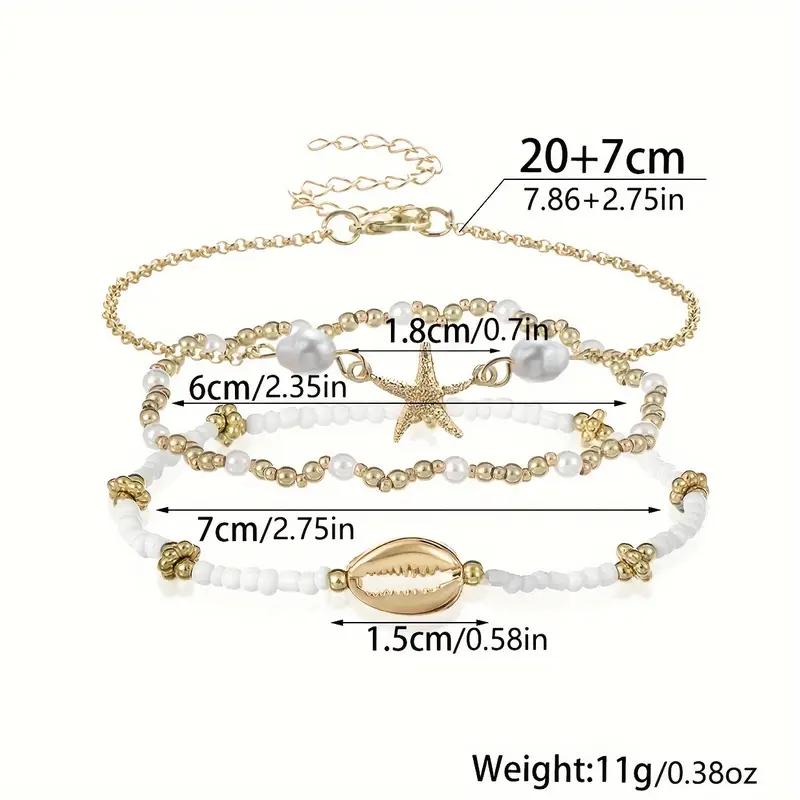 3 Pcs Beach Beaded Anklet Set for Women Vintage Summer Gold Color Starfish Shell Charms Anklet Vacation Daily Wear Jewelry Gifts