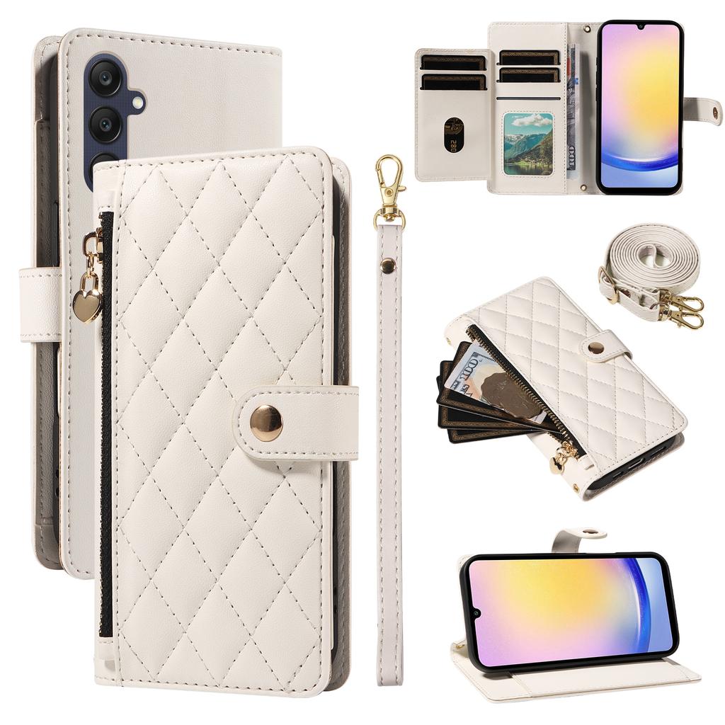 For Samsung Galaxy A25 5G (Global) (161.0 x 76.5 x 8.3mm) Wallet Case with Straps, Rhombus Leather Stand Phone Cover
