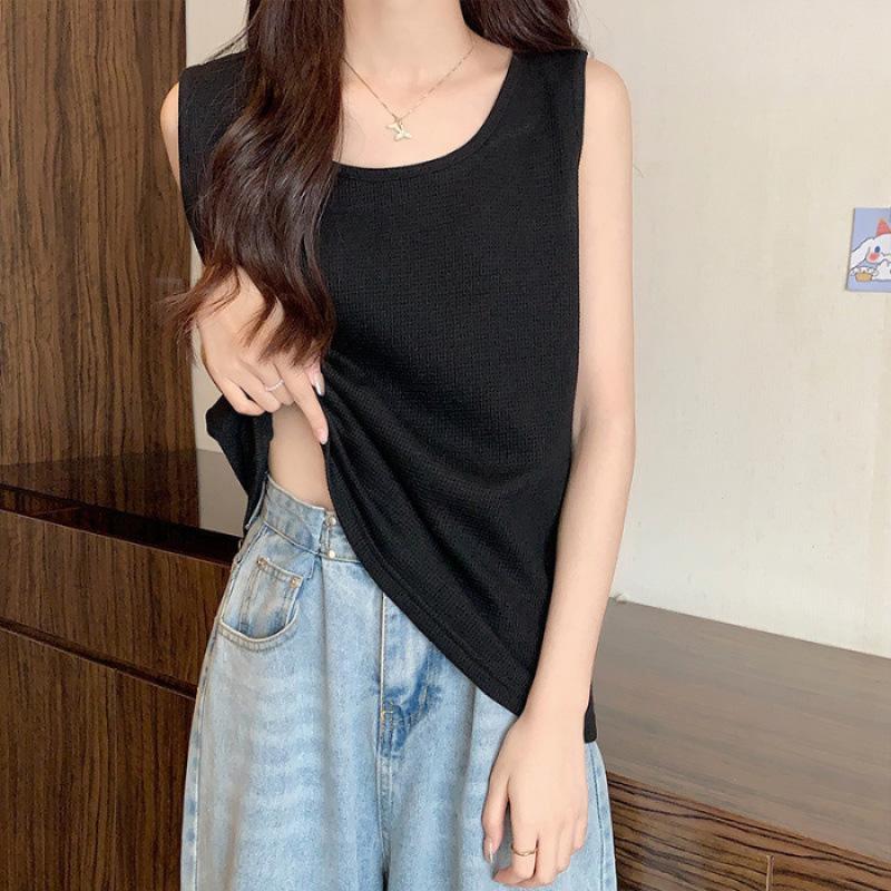 VEZFAA Women's Fashion Casual Summer Spring Solid Color Print Sleeveless U-Neck Blouses & Shirts