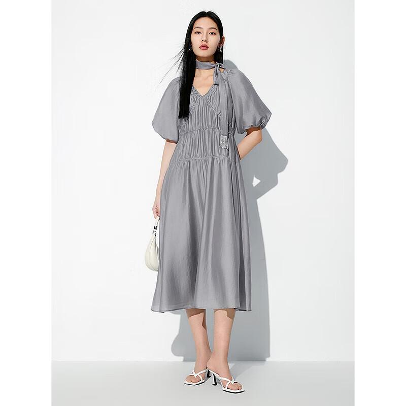 

PEACEBIRD Women s Lyocell V-Neck Puff Sleeve Long Dress M