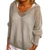 Women's Light Gray Hooded Knitted Sweater with Hollow Weave V Neck, Multiple Colors