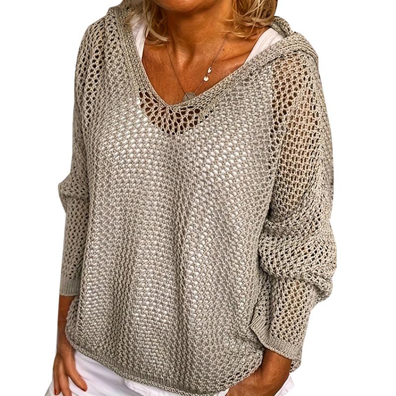 Women's Light Gray Hooded Knitted Sweater with Hollow Weave V Neck, Multiple Colors