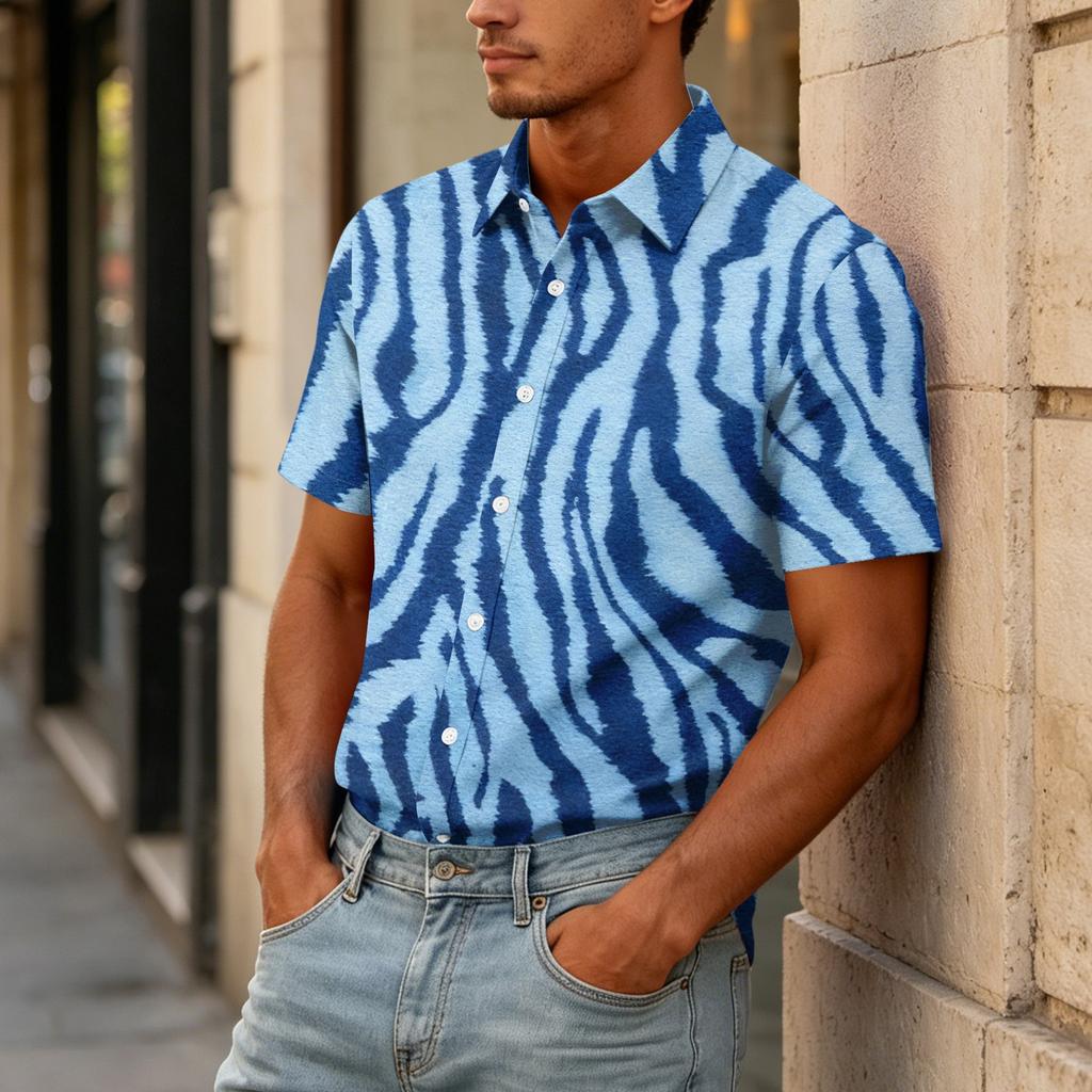 Camicia da uomo a maniche corte con bottoni e stampa leopardata, top casual estivo da resort