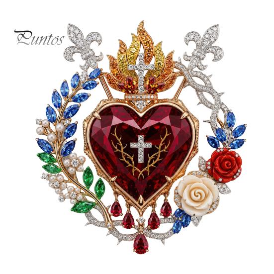 Devotional Jewelry Gift 1/2Pcs Radiant Sacred Heart Floral Faux Gemstone Brooch, Christian Pin for Women, Vintage Style Religious Pin, Coat